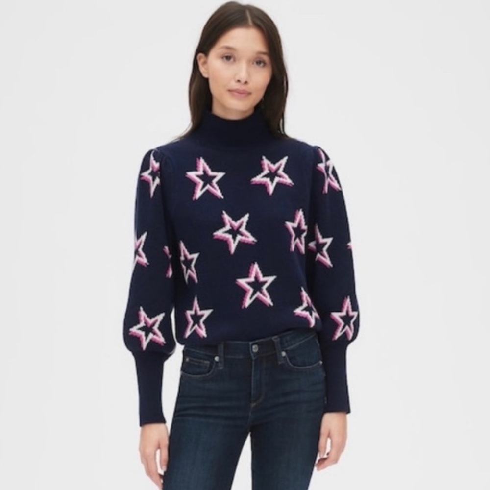 GAP Navy Star Print Mock Neck Balloon Sleeve Sweater - Size Small